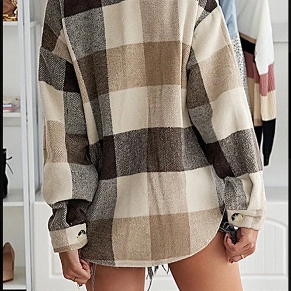 OVERSIZED FLANNEL PLAID SHIRT JACKET BUTTON DOWN SHACKET MEDIUM-TAN - Picture 2 of 5